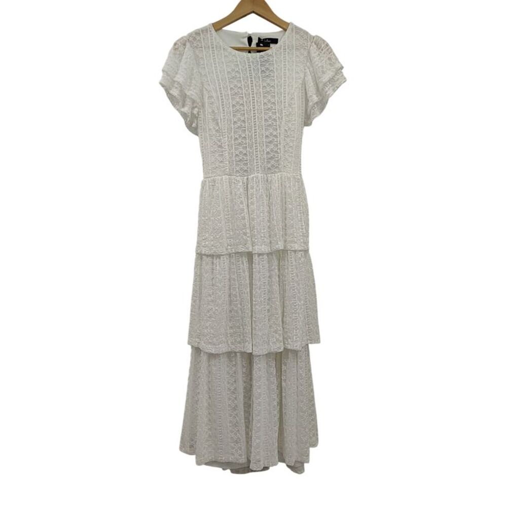 Lulus Whimsical Spirit Ivory Lace Tiered Backless Midi Dress White L